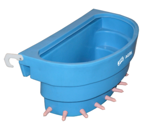 Front of 10 Teat Compartment Feeder with Peach Teats showing teats pointing out of bottom