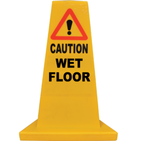 A yellow hazard cone for wet floors